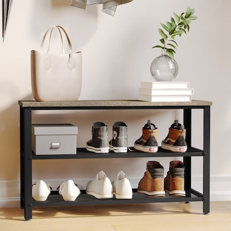 Flash Furniture Easton 3-Tier Wooden Entryway Bench, Mesh Shoe Storage Shelves, Weathered Wood, Black Metal Frame HGWA-BCH-MTL-3T-WEATH-GG